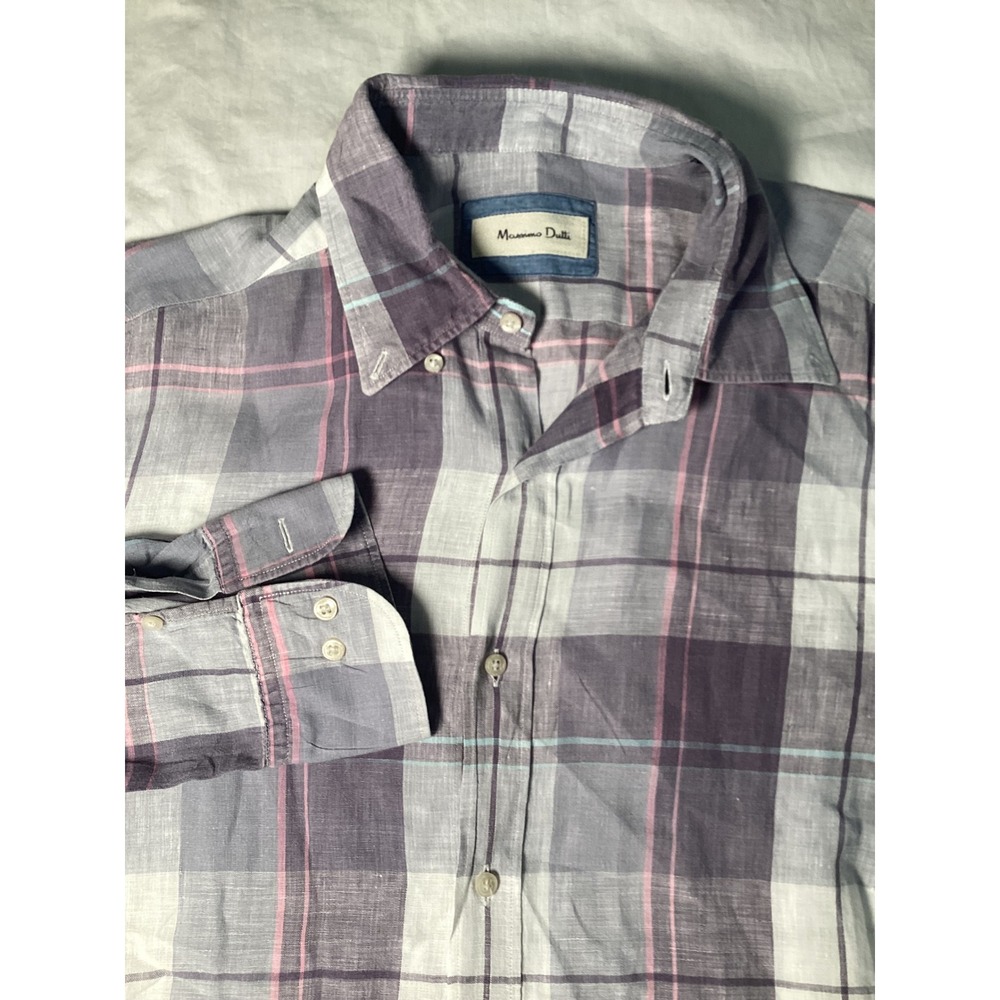 Massimo Dutti Mens Large Plaid Button Down Shirt Purple Grey Long Sleeve Linen L